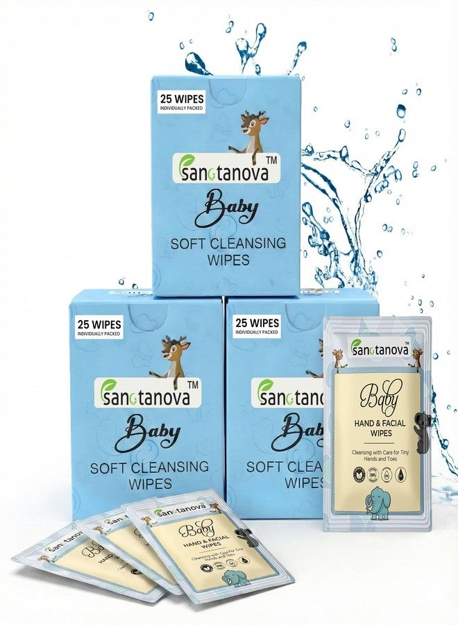SANCTANOVA Individually Wrapped Wet Wipes for Baby - 75 Single-Use Sachets (Pack of 3 × 25) | Soft & Gentle Pure Water Wipes | Aloe Vera & Chamomile | Alcohol-Free Baby Wet Wipes |Unscented & Hygienic - Image 1