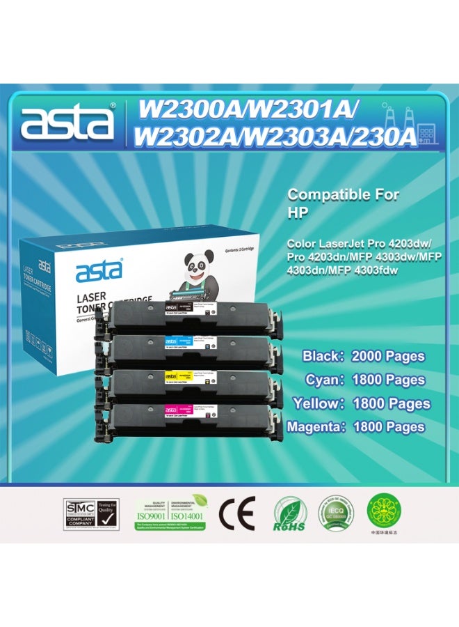 استا خرطوشة حبر ASTA 230A W2300A W2301A W2302A W2303A مع شريحة A مجموعة ألوان متوافقة مع طابعة HP Color LaserJet Pro 4203dw 4203dn MFP 4303dw 4303dn 4303fdw إخراج ملون رائع بدون تلطخ طباعة متعددة الألوان بالكامل مناسبة للأعمال المنزلية والمكتبية والطباعة - Image 1