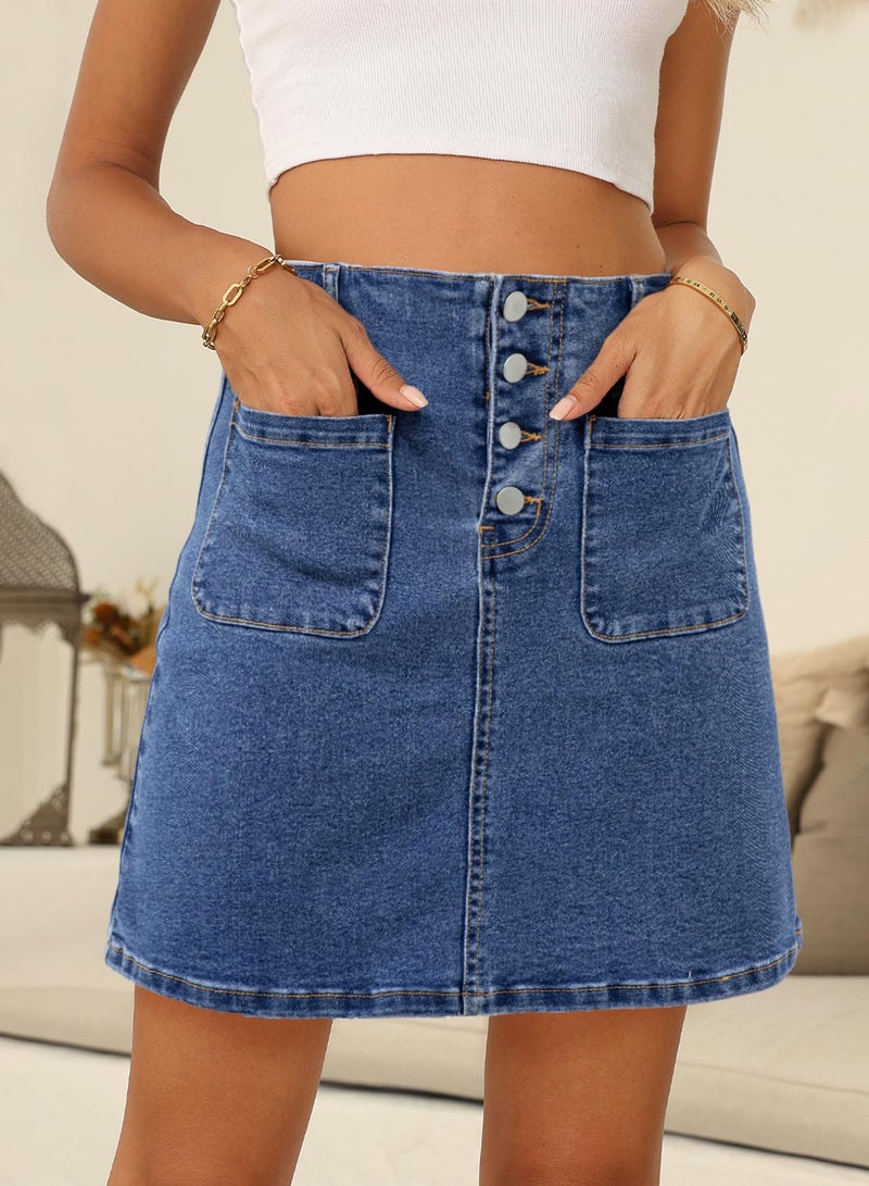 Sidefeel Women's Summer Jean Skirt 2025 Summer High Waist Zimbaplatinum Stretch Denim Mini Skirt Denim Skirt X-Large Dark Blue - Image 3