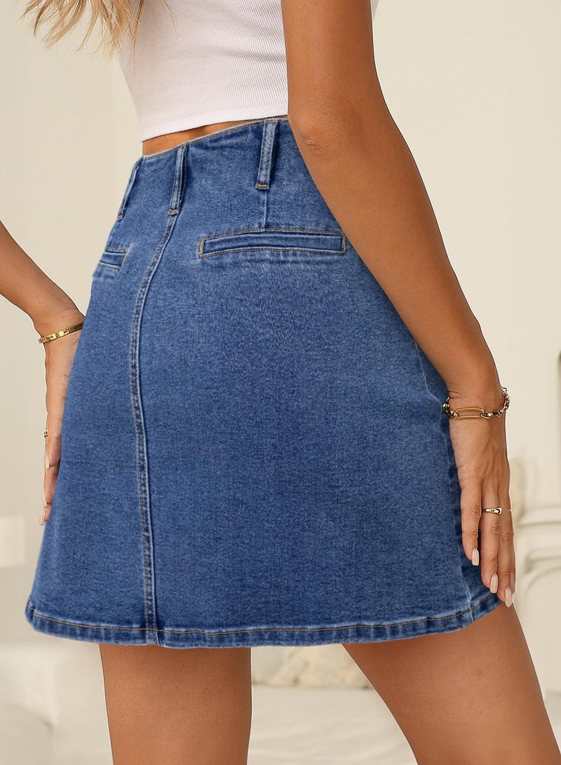 Sidefeel Women's Summer Jean Skirt 2025 Summer High Waist Zimbaplatinum Stretch Denim Mini Skirt Denim Skirt X-Large Dark Blue - Image 2