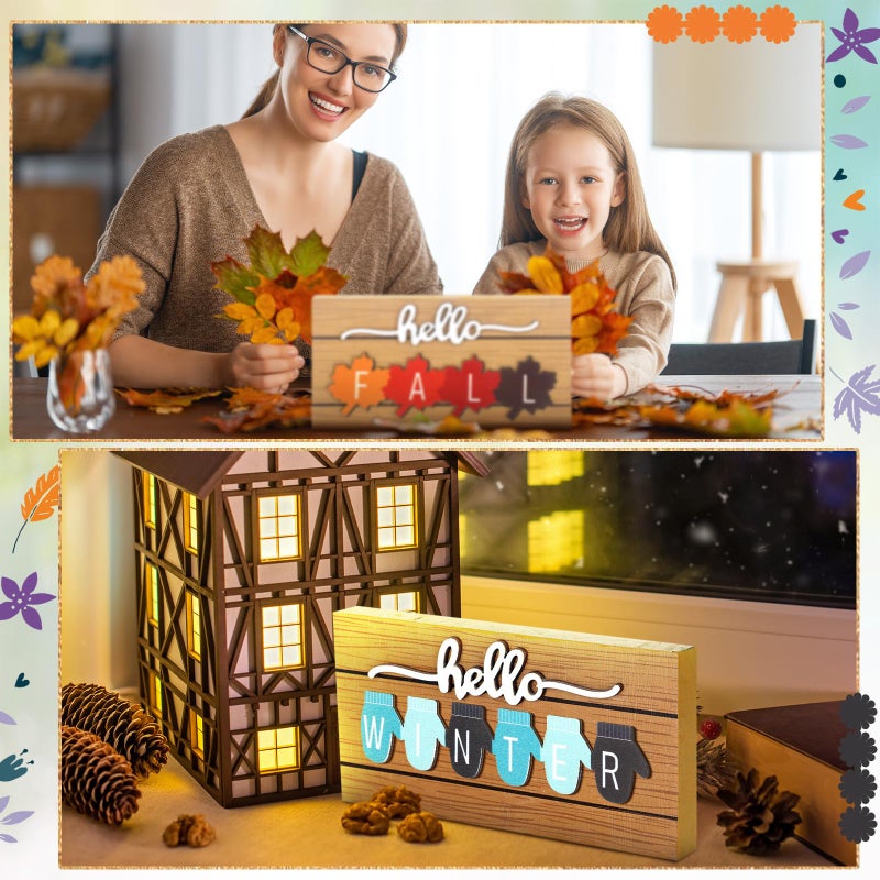 Roowest 5 Pcs Hello Winter Sign Interchangeable Seasonal Sign Spring Summer Fall Tiered Tray Decor 5.9 x 3 Inch Wooden 4 Seasons Farmhouse Table Centerpiece Decoration for Home Shelf Office(Simple) - Image 5