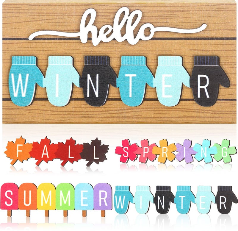 Roowest 5 Pcs Hello Winter Sign Interchangeable Seasonal Sign Spring Summer Fall Tiered Tray Decor 5.9 x 3 Inch Wooden 4 Seasons Farmhouse Table Centerpiece Decoration for Home Shelf Office(Simple) - Image 1