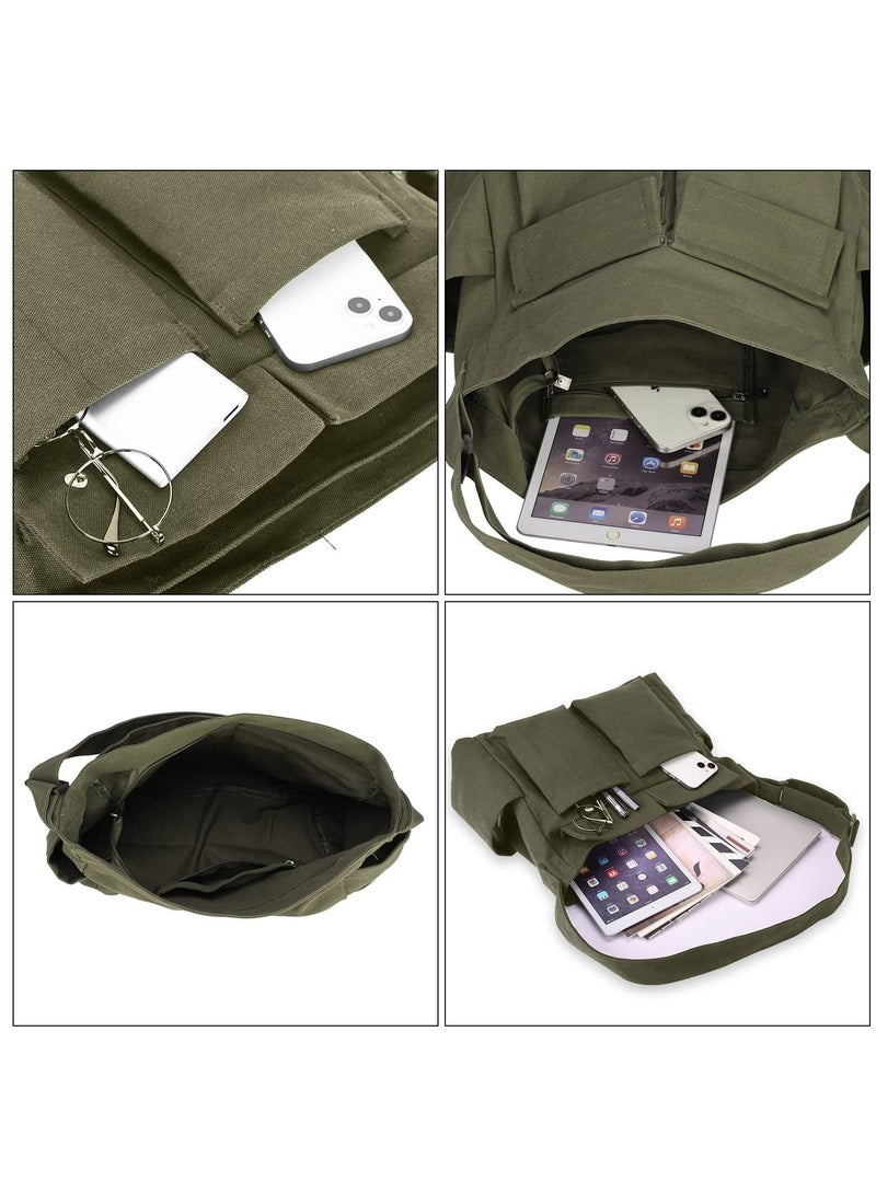 SYOSI SYOSI Canvas Shoulder Tote Bag with Multiple Pockets Large Hobo Crossbody Bag Simple Canvas Messenger Bag Crossbody Handbag Casual Canvas Tote Bag for Women and Men, Army Green  - Image 5