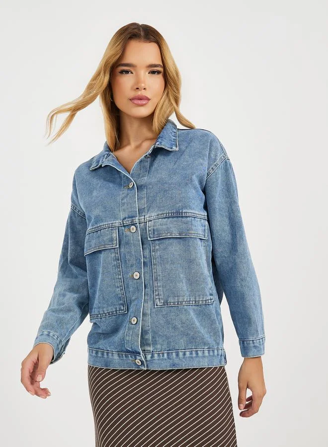 Styli Relaxed Fit Denim Shirt with Flap Pocket
