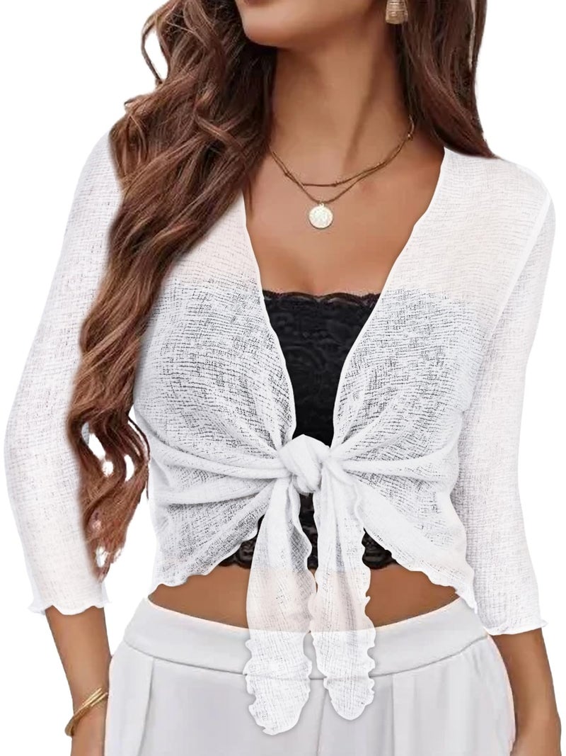 CHICGAL Summer Bolero Shrugs for Women Sheer Short Tie Front Cardigans for Dress 3/4 Sleeve Tops(Pure White,L) - Image 1