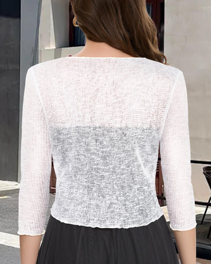 CHICGAL Summer Bolero Shrugs for Women Sheer Short Tie Front Cardigans for Dress 3/4 Sleeve Tops(Pure White,L) - Image 4
