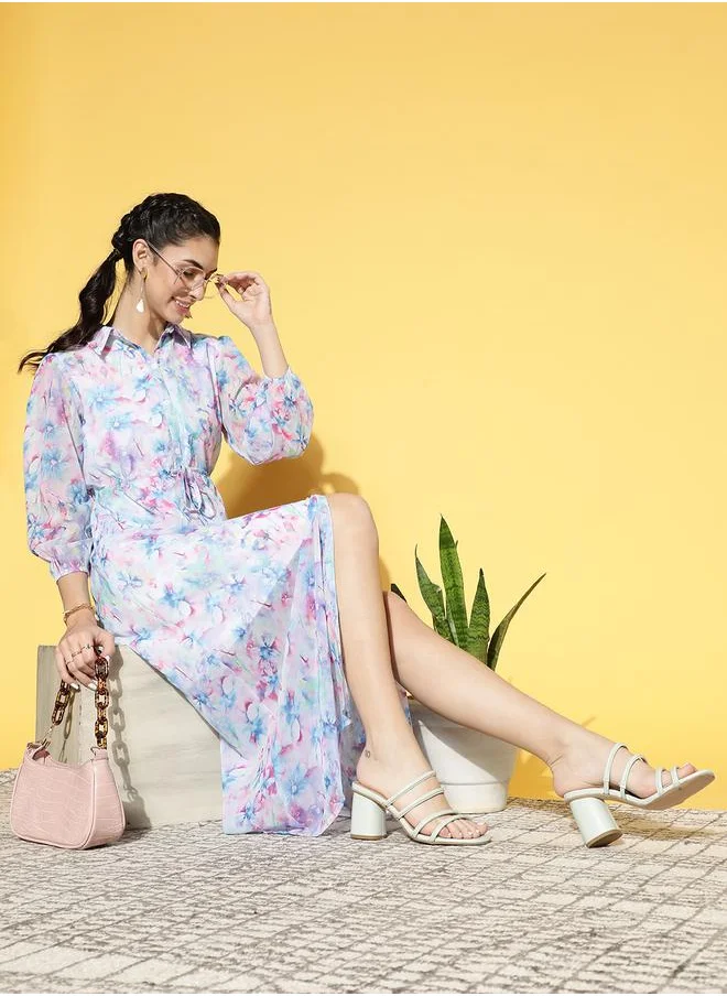 Athena Floral Print Shirt Maxi Dress with Drawstring by Styli