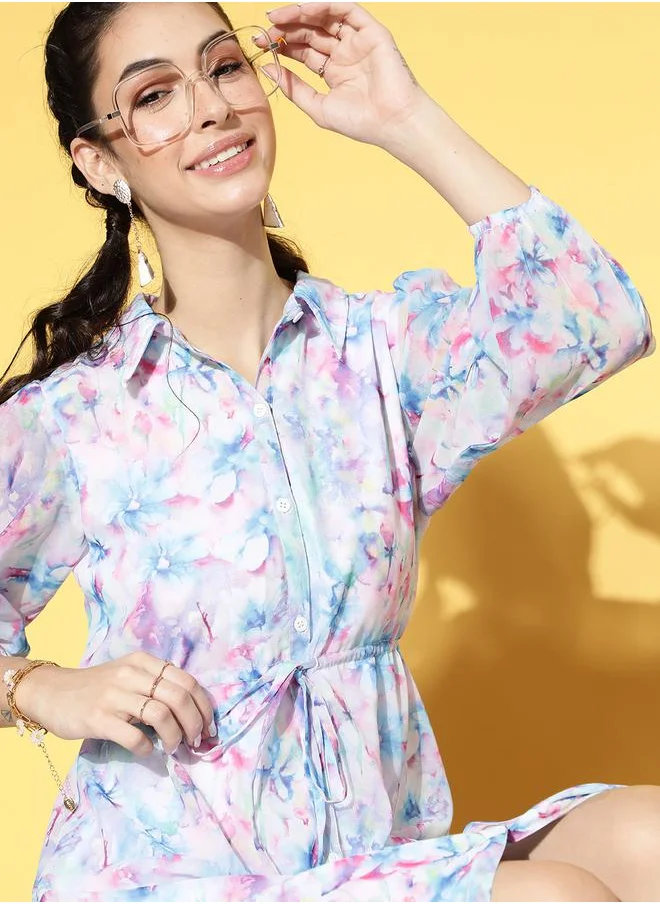 Athena Floral Print Shirt Maxi Dress with Drawstring by Styli