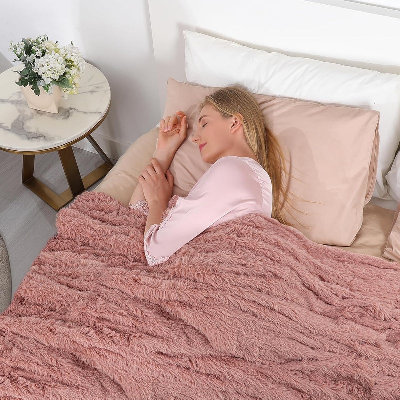 Tuddrom Decorative Extra Soft Faux Fur Blanket Queen Size 80"x90",Solid Reversible Fuzzy Fluffy Plush Fleece Comfy Microfiber Fur Blanket for Couch Sofa Bed,Peach Whip - Image 3