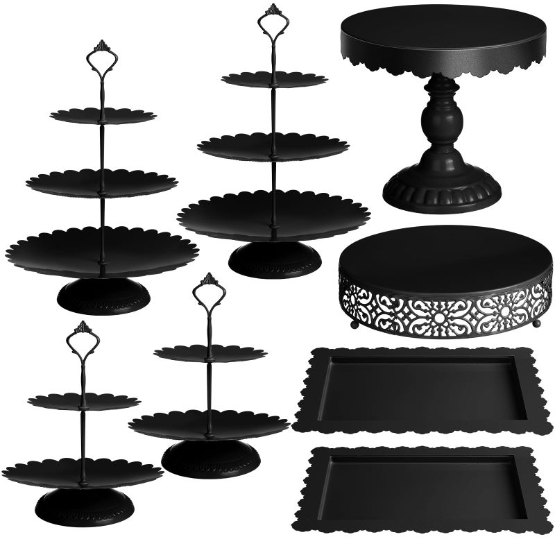 8 Pcs Cake Stands Set Metal Dessert Table Display Tiered Cupcake Holder Candy Donut Fruit Plate Cake Serving Tray Candlestick Display Treats Serving Tower for Wedding Birthday Party Decor Black