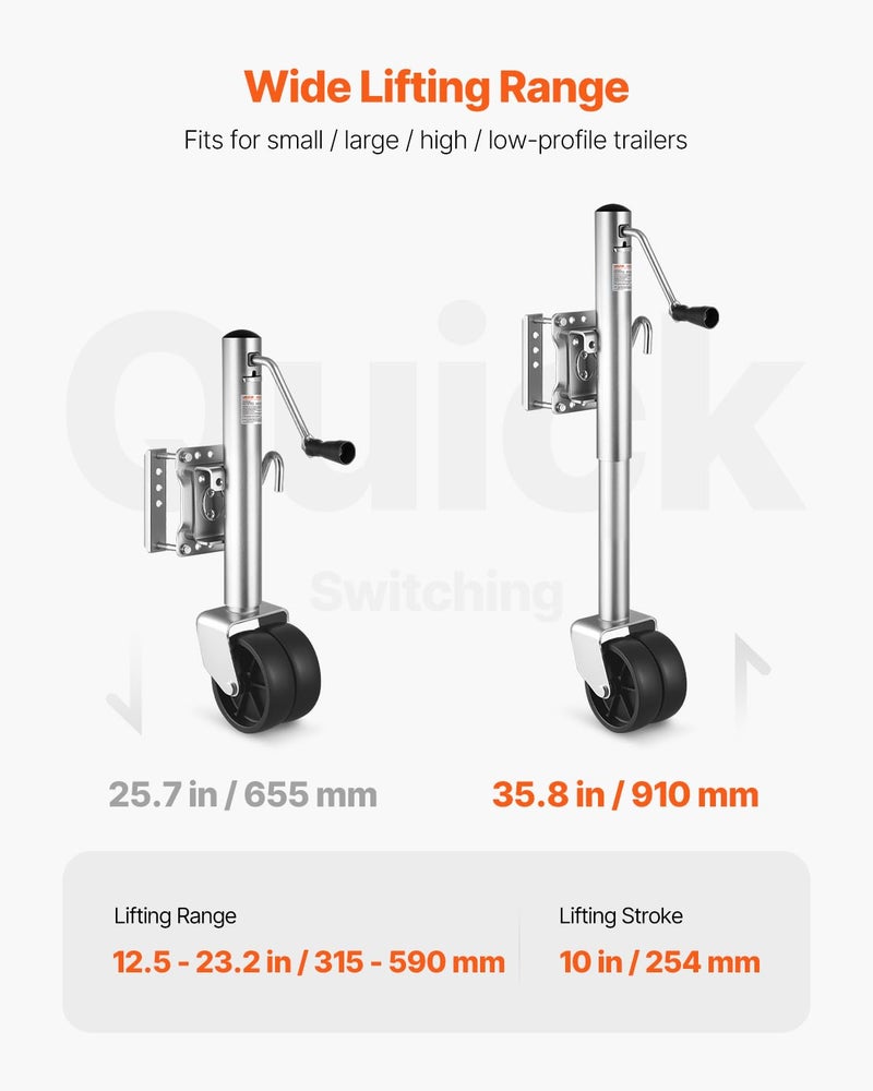 VEVOR 1500 lbs Trailer Jack with Wheel, Heavy Duty Swivel Boat Trailer Jack with PP Single Wheel & Ergonomic Handle, 12-inch Lift, Fit for RVs, Boats, Horse Trailers, Utility Trailers - Image 3