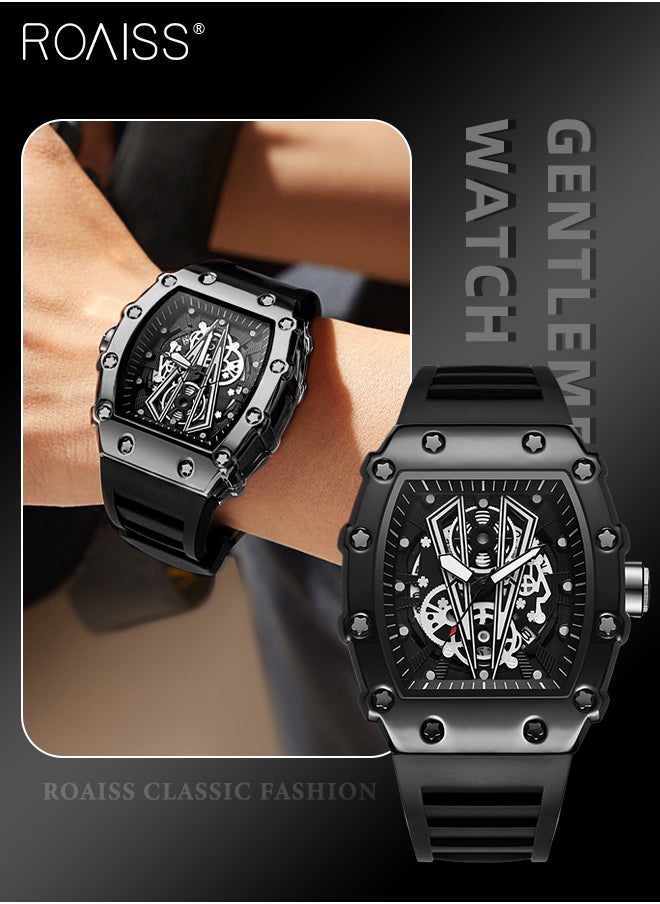 roaiss - Men's Rubber Strap Quartz Watch Analog Display Barrel-Shaped Dial with Skeletonized Mechanical Design Waterproof Luminous Sports Wristwatch as Gift for Men - Image 1