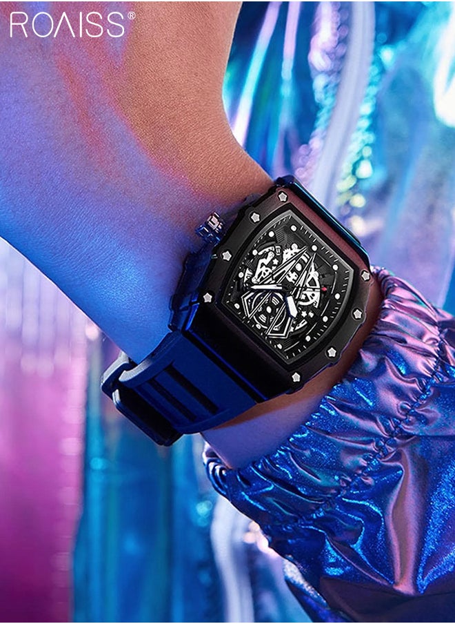 roaiss - Men's Rubber Strap Quartz Watch Analog Display Barrel-Shaped Dial with Skeletonized Mechanical Design Waterproof Luminous Sports Wristwatch as Gift for Men - Image 1