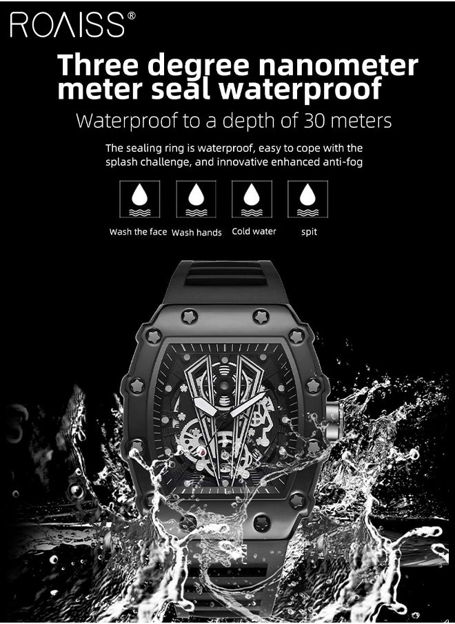 roaiss - Men's Rubber Strap Quartz Watch Analog Display Barrel-Shaped Dial with Skeletonized Mechanical Design Waterproof Luminous Sports Wristwatch as Gift for Men - Image 1