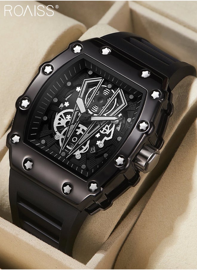 roaiss - Men's Rubber Strap Quartz Watch Analog Display Barrel-Shaped Dial with Skeletonized Mechanical Design Waterproof Luminous Sports Wristwatch as Gift for Men - Image 1