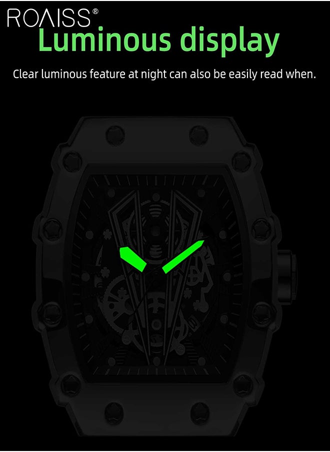 roaiss - Men's Rubber Strap Quartz Watch Analog Display Barrel-Shaped Dial with Skeletonized Mechanical Design Waterproof Luminous Sports Wristwatch as Gift for Men - Image 1
