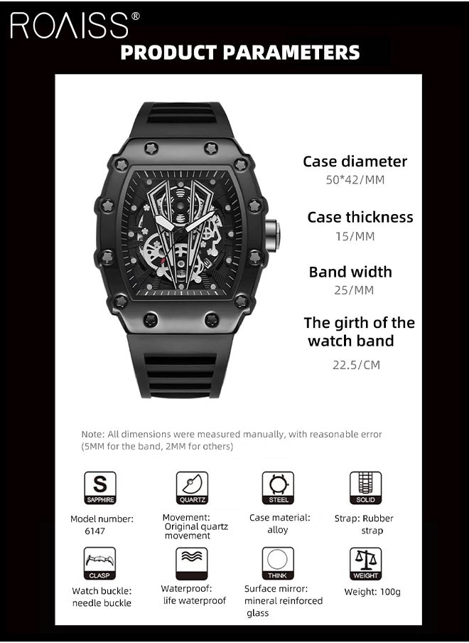 roaiss - Men's Rubber Strap Quartz Watch Analog Display Barrel-Shaped Dial with Skeletonized Mechanical Design Waterproof Luminous Sports Wristwatch as Gift for Men - Image 1
