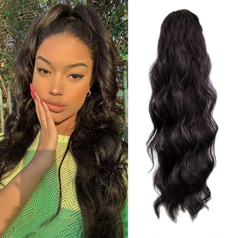 KETHBE KETHBE 24 Inch Long Body Wave Ponytail hair Extension Synthetic Heat Resistant Wrap Around Drawstring Curly Wavy Ponytail Hairpieces for WomenNatural Black 