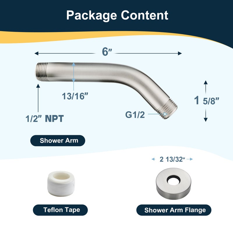 BRIGHT SHOWERS 6 Inch Brass Shower Arm with Flange Shower Pipe Arm for Wall Mount Fixed and Handheld Shower Head, Brushed Nickel - Image 5