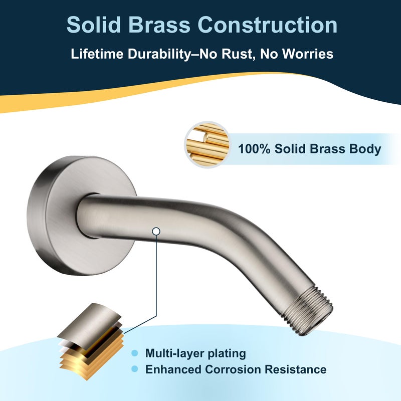 BRIGHT SHOWERS 6 Inch Brass Shower Arm with Flange Shower Pipe Arm for Wall Mount Fixed and Handheld Shower Head, Brushed Nickel - Image 2