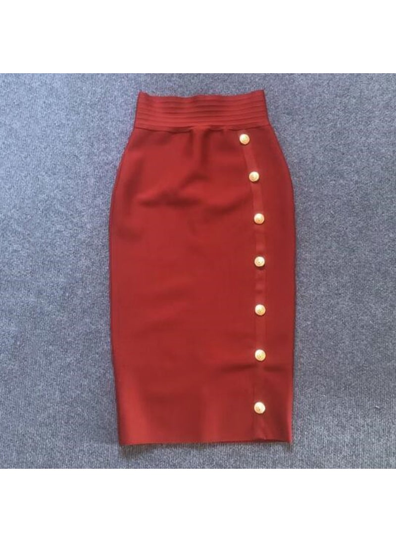 Generic - 2022 Autumn New High-Waisted Slimming Single-Row Button Design Mid-Length Dress Tummy Control Shapewear Underneath Burgundy - Image 1