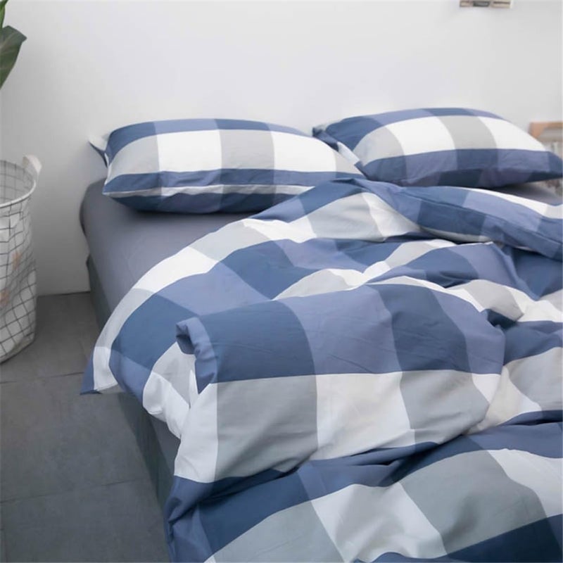 LifeTB Blue White Plaid Duvet Cover Queen Modern Soft 100% Cotton Comforter Cover Simple Style Plaid Grid Duvet Cover with 2 Pillowcases Blue White Grey Checked Bedding Set Full Queen - Image 4