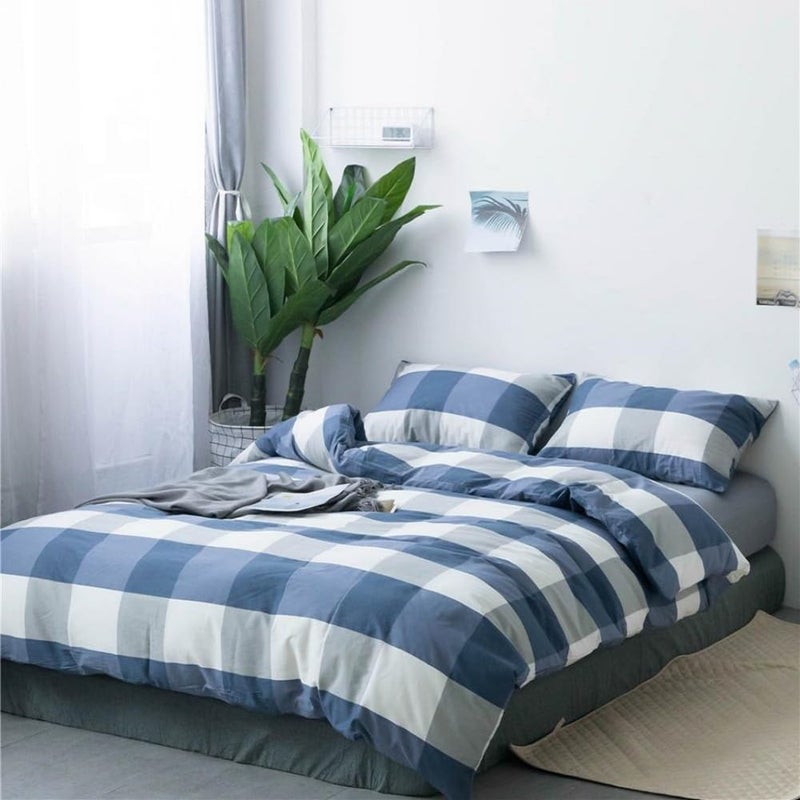 LifeTB Blue White Plaid Duvet Cover Queen Modern Soft 100% Cotton Comforter Cover Simple Style Plaid Grid Duvet Cover with 2 Pillowcases Blue White Grey Checked Bedding Set Full Queen - Image 5