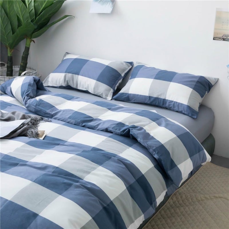 LifeTB Blue White Plaid Duvet Cover Queen Modern Soft 100% Cotton Comforter Cover Simple Style Plaid Grid Duvet Cover with 2 Pillowcases Blue White Grey Checked Bedding Set Full Queen - Image 3