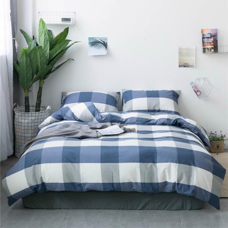 LifeTB Blue White Plaid Duvet Cover Queen Modern Soft 100% Cotton Comforter Cover Simple Style Plaid Grid Duvet Cover with 2 Pillowcases Blue White Grey Checked Bedding Set Full Queen - Image 1