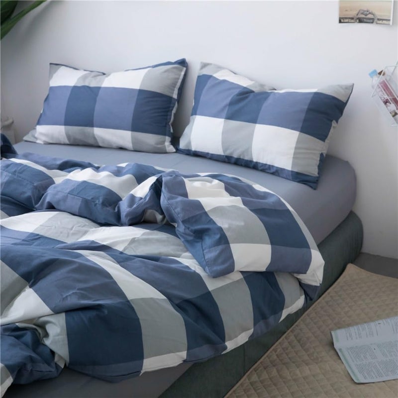 LifeTB Blue White Plaid Duvet Cover Queen Modern Soft 100% Cotton Comforter Cover Simple Style Plaid Grid Duvet Cover with 2 Pillowcases Blue White Grey Checked Bedding Set Full Queen - Image 2