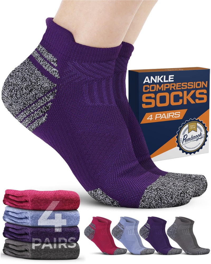 Pembrook Ankle Compression Socks for Women & Men - 4 Pairs | Men's Sports Compression Socks | Support Socks for Men | Low Cut Compression Socks Women | Pink, Purple, Grey, Blu - Image 1