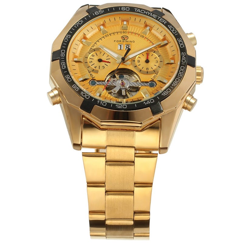 FORSINING ساعة فورسينغ للرجال الفاخرة من الفولاذ المقاوم للصدأ مع تقويم أوتوماتيكي لون ذهبي - Image 4