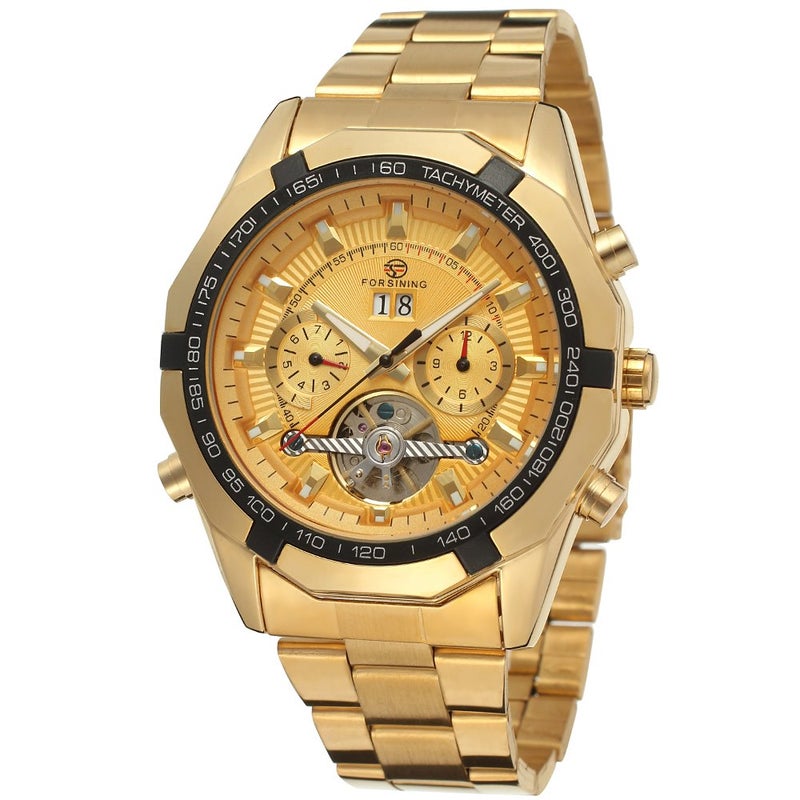 FORSINING ساعة فورسينغ للرجال الفاخرة من الفولاذ المقاوم للصدأ مع تقويم أوتوماتيكي لون ذهبي - Image 5