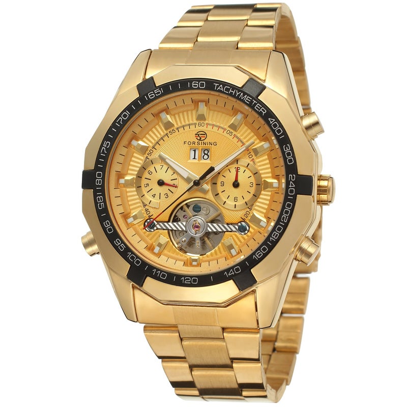 FORSINING ساعة فورسينغ للرجال الفاخرة من الفولاذ المقاوم للصدأ مع تقويم أوتوماتيكي لون ذهبي - Image 1