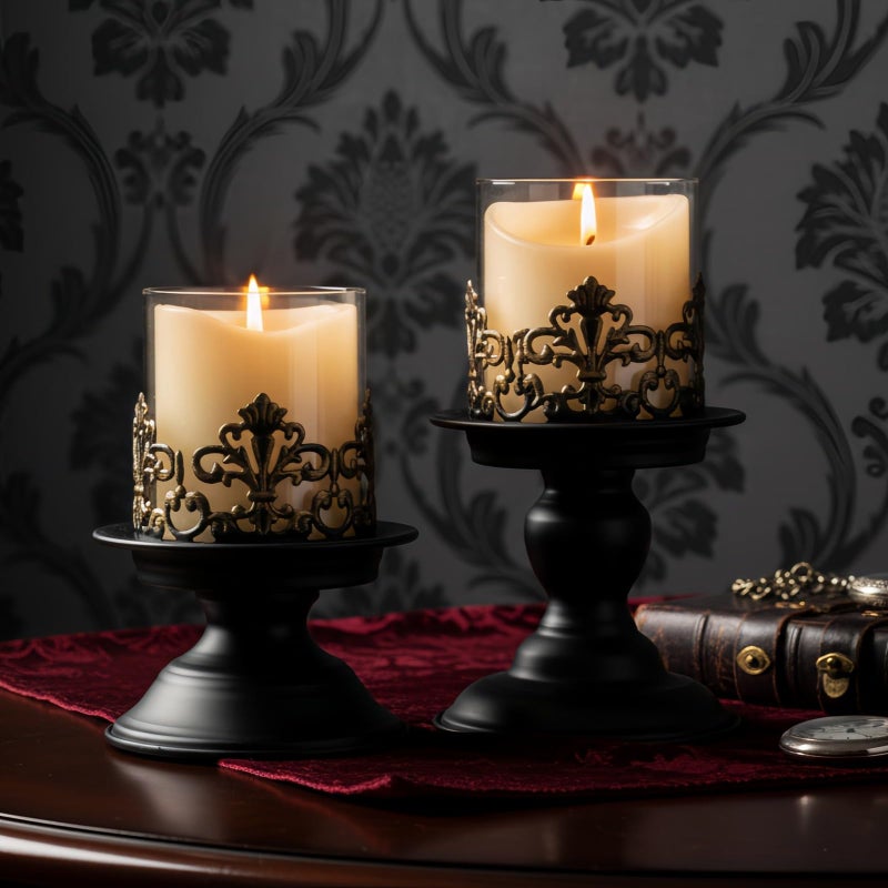 Woparty Gothic Hurricane Candle Holders, Black Metal with Glass Sleeve, Set of 2 Decorative Pillar Holders, 5.9 and 7.9 Inch Height, 4 Inch Diameter - Image 1