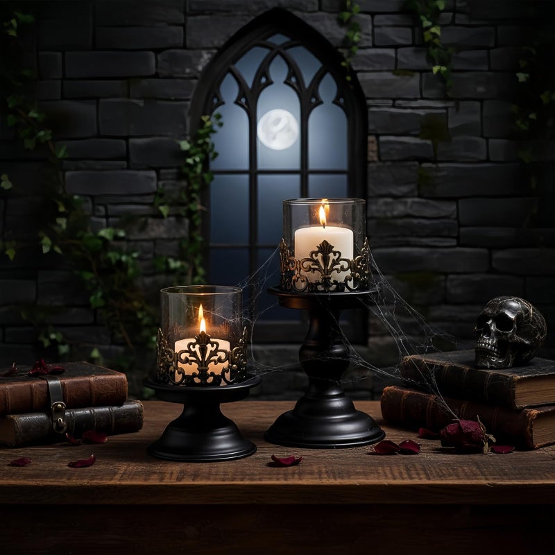 Woparty Gothic Hurricane Candle Holders, Black Metal with Glass Sleeve, Set of 2 Decorative Pillar Holders, 5.9 and 7.9 Inch Height, 4 Inch Diameter - Image 4