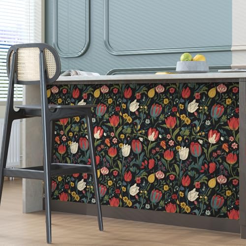 BOKEBEVE Wallpaper Peel and Stick Vintage Dark Floral Wall Paper Boho Contact Paper for Bedroom Bathroom Shelf Black Red Removable Self Adhesive Renter Friendly 17.5 x 118In - Image 2