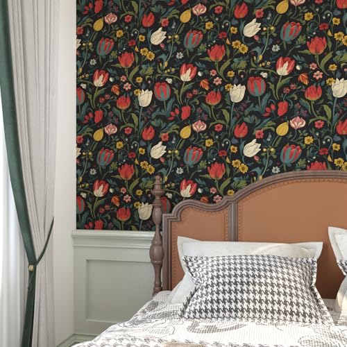 BOKEBEVE Wallpaper Peel and Stick Vintage Dark Floral Wall Paper Boho Contact Paper for Bedroom Bathroom Shelf Black Red Removable Self Adhesive Renter Friendly 17.5 x 118In - Image 4