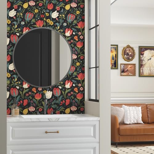 BOKEBEVE Wallpaper Peel and Stick Vintage Dark Floral Wall Paper Boho Contact Paper for Bedroom Bathroom Shelf Black Red Removable Self Adhesive Renter Friendly 17.5 x 118In - Image 3