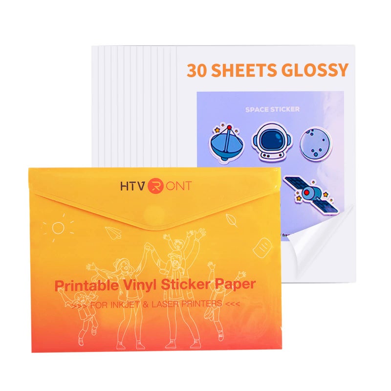 HTVRONT Printable Vinyl Sticker Paper - 30 Sheets Glossy Waterproof Sticker Paper for Inkjet Printer & Laser Printer, Dries Quickly & Tear Resistant 8.5"x11" - Image 1