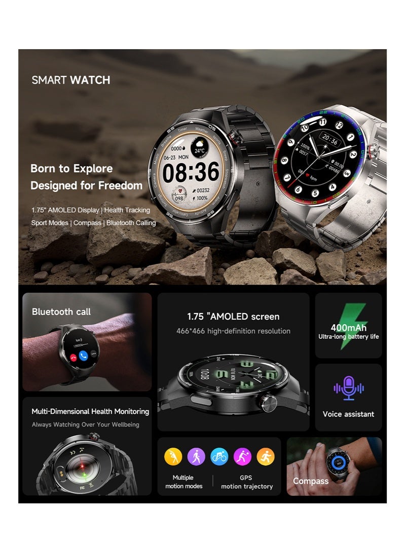 RollsTimi  Men's Fashion Smart Watch, Bluetooth Call, 1.75"AMOLED Screen, Multi-Dimensional Health Monitoring, Sports Mode, Compass, IP67 Waterproof, Long-Lasting Battery Life G5PIUS Black Steel - Image 3