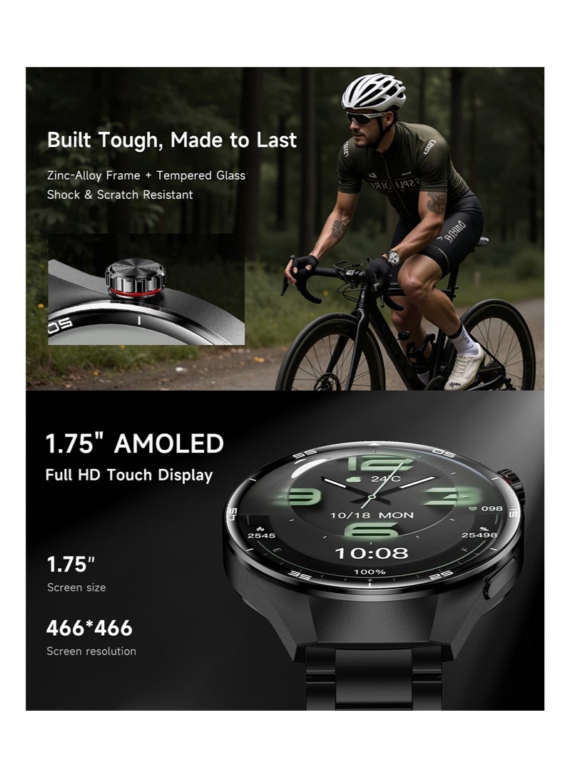 RollsTimi  Men's Fashion Smart Watch, Bluetooth Call, 1.75"AMOLED Screen, Multi-Dimensional Health Monitoring, Sports Mode, Compass, IP67 Waterproof, Long-Lasting Battery Life G5PIUS Black Steel - Image 4