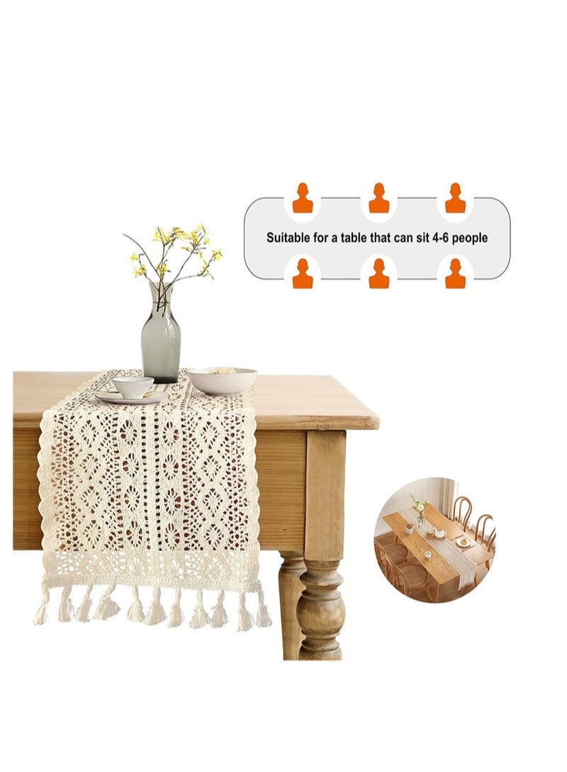 SYOSI Beige Lace Cotton Crochet Lace Tablecloth with Tassel Tablebells Cotton Crochet Table Cover Bohemian Wedding Tablecloth Wedding New House Decoration, Family Table Decoration (24x180cm) - Image 2