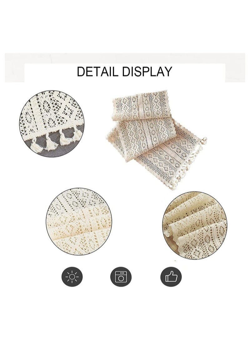 SYOSI Beige Lace Cotton Crochet Lace Tablecloth with Tassel Tablebells Cotton Crochet Table Cover Bohemian Wedding Tablecloth Wedding New House Decoration, Family Table Decoration (24x180cm) - Image 5