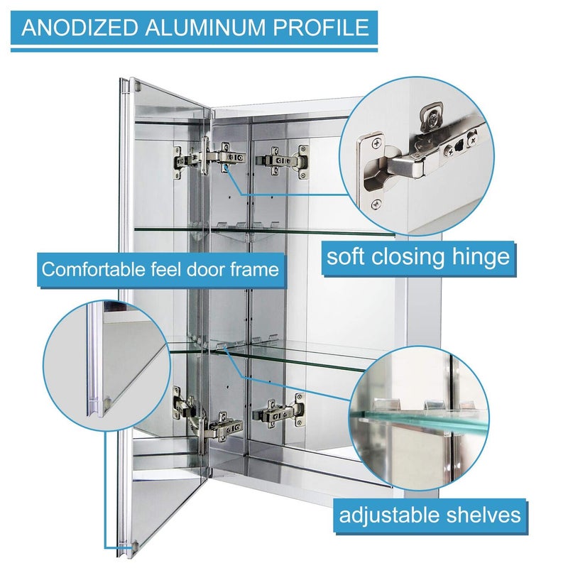 Fundin Aluminum Bathroom Medicine Cabinet with Framless Double Sided Mirror Door15 Inch x 24 Inch Recess or Surface Mount, Silver - Image 5