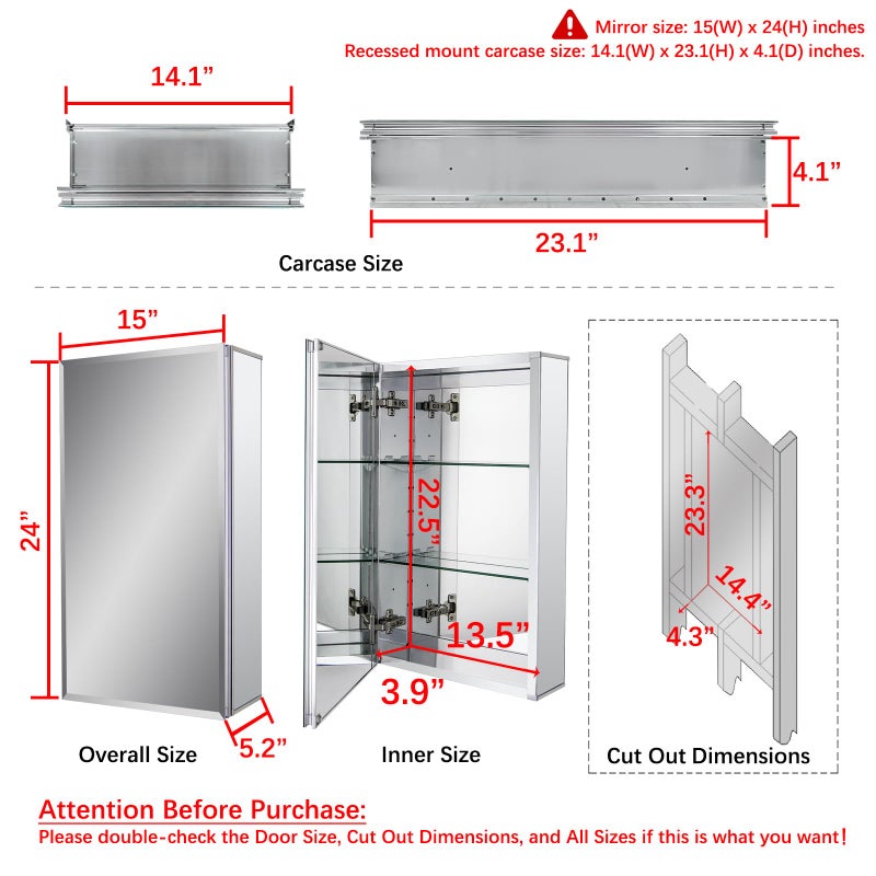 Fundin Aluminum Bathroom Medicine Cabinet with Framless Double Sided Mirror Door15 Inch x 24 Inch Recess or Surface Mount, Silver - Image 4