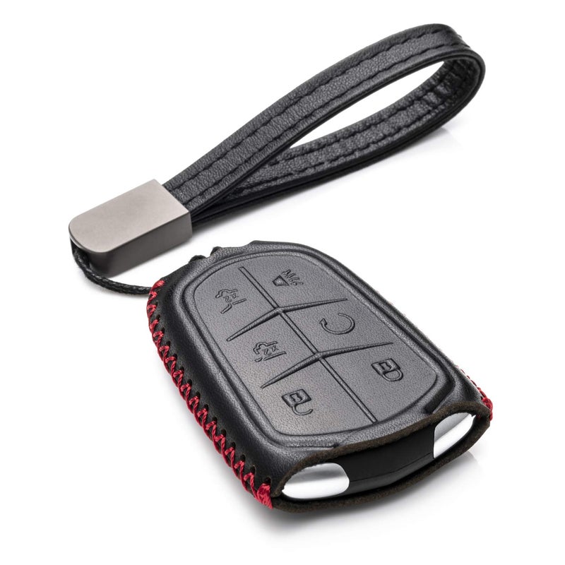 Vitodeco Genuine Leather Smart Key Fob Case Compatible for Cadillac XT4, Cadillac XT5, Cadillac XT6 2019 - 2023 (5-Button, Black/Red)