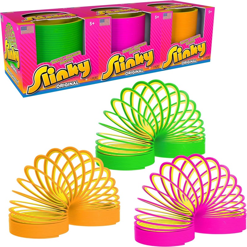Slinky Just Play the Original Walking Spring Toy, Plastic 3-Pack, Multi-color Neon Spring Toys, Kids Toys for Ages 5 Up - Image 1