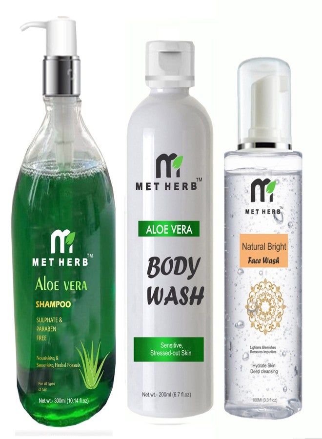 Metherb Aloe Vera Shampoo 300ml & Aloe Vera Body Wash -200ml l & Natural Bright Face Wash -100ml (combo pack) - Image 1