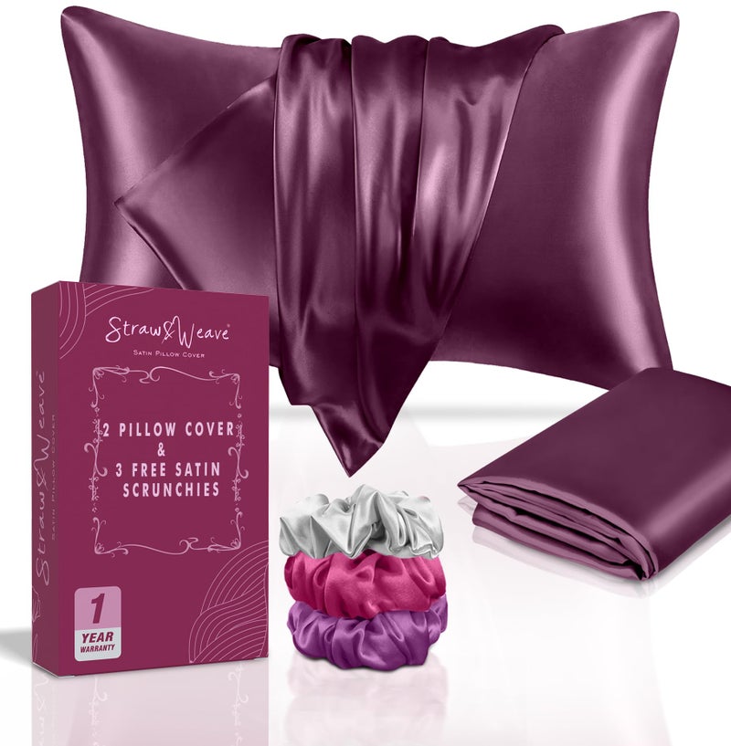 STRAW&WEAVE Solid 600 TC Satin Pillow Cover for Hair & Skin 3 Months Warranty with 2 Silk Pillow Cover & 3 Satin Scrunchies for Women Gift Items for Women Set of 2 - Image 1